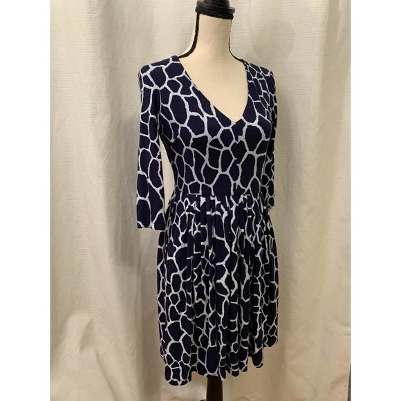 Jones New York Navy White Animal Print 3/4 Sleeve Knee Length Dress Pockets 6P - Picture 3 of 6